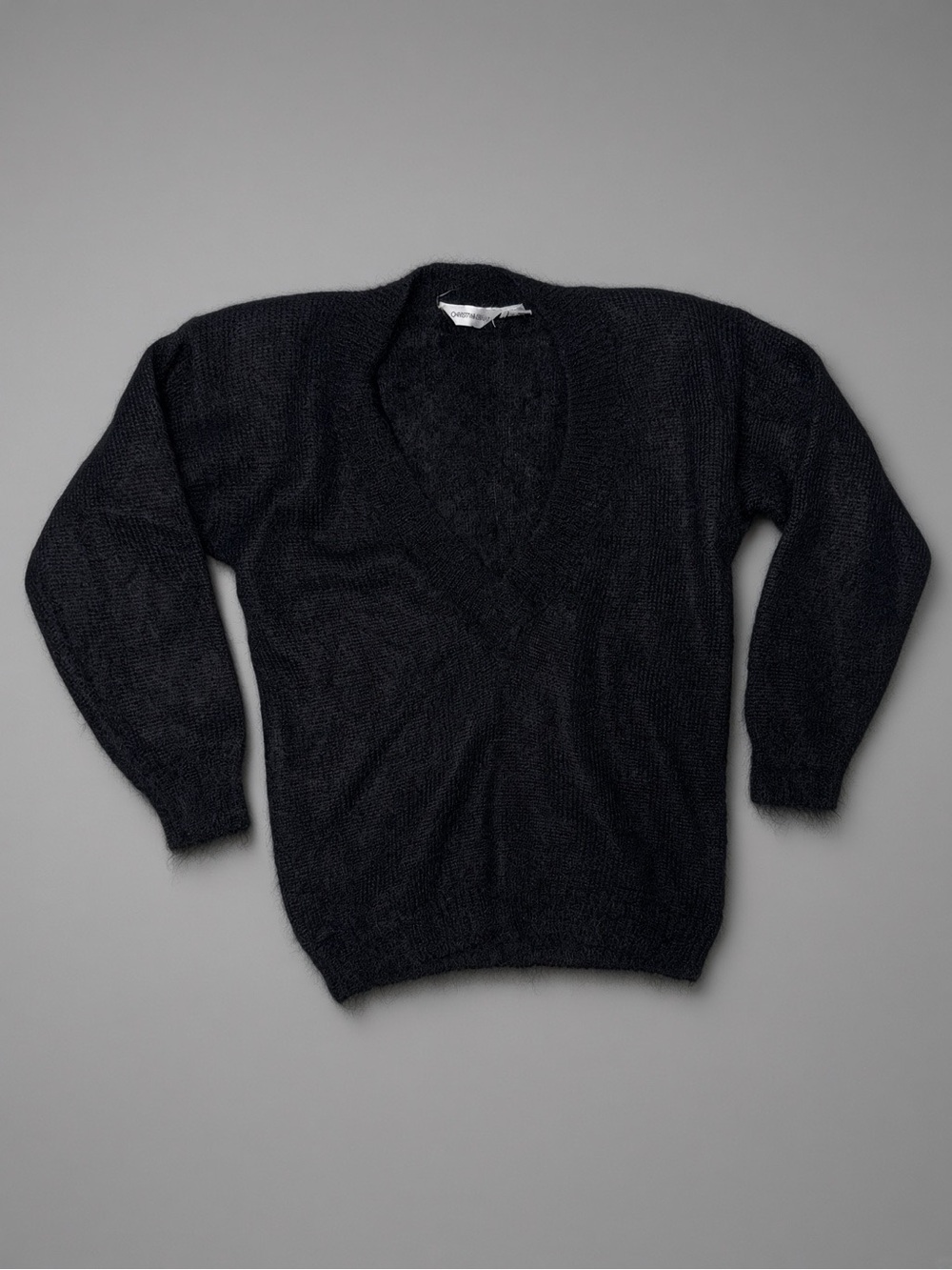 CHRISTINA GRANT Black Mohair V-Neck Fuzzy Knit Sweater L (vintage)